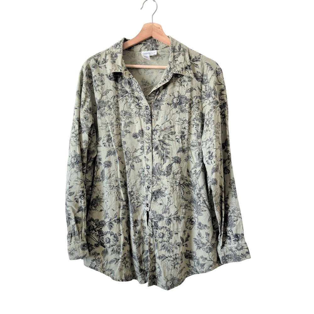 Coldwater Creek Sage Green Floral Linen Button Down Shirt L Cottage Countryside
